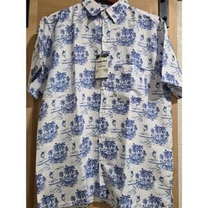 Happy Bay Hawaiian Shirt Eco Friendly Men's Size L New with Tag Blue Palm Trees